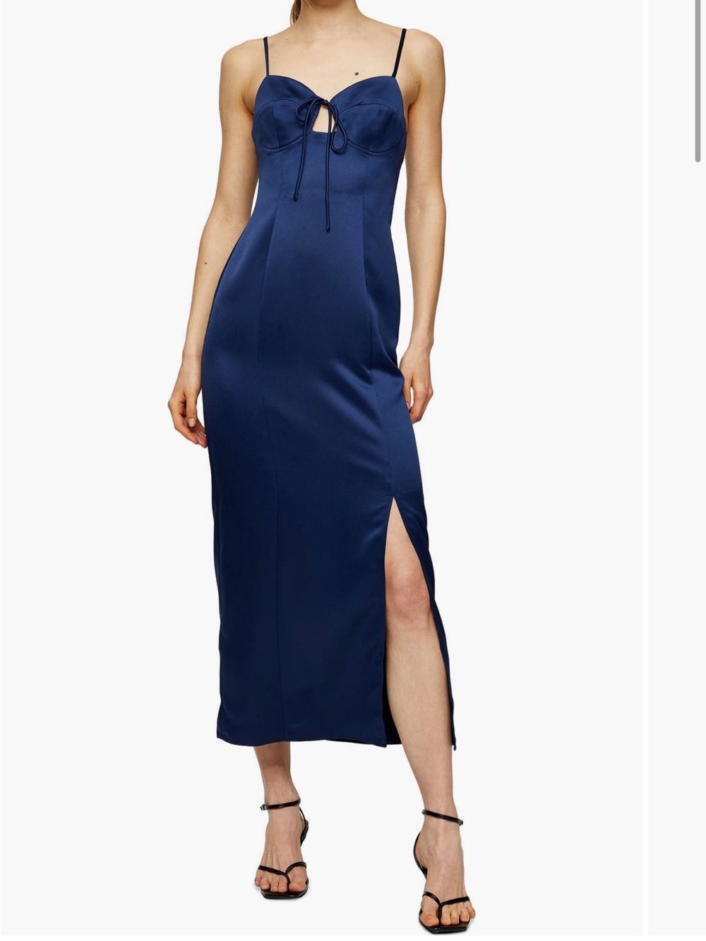 Topshop Navy Satin Slip Midi Dress with bustier bodice